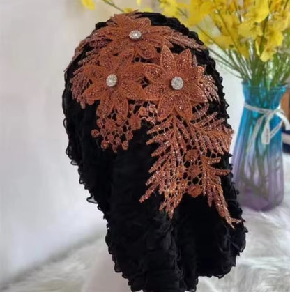 Women's Hairband Embroidery Turban Cap Head Wraps Muslim Headscarf Bonnet Hair Bands